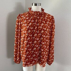 J Crew Womens Medium Floral Smocked Ruffle Neck Blouse Rust Orange Long Sleeve